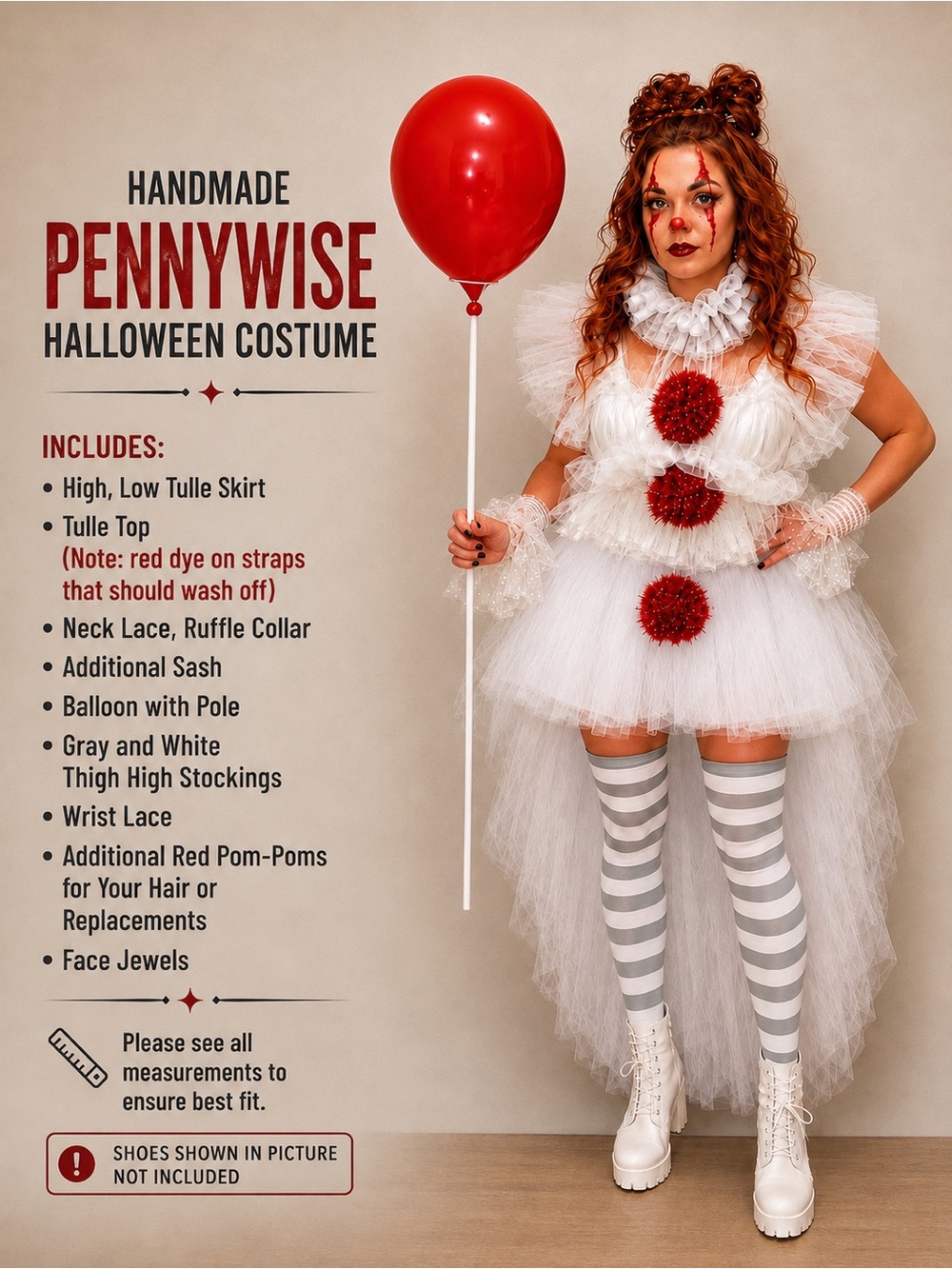 🎃 Handmade Pennywise Halloween Costume Tulle Skirt Top Complete Set-Medium